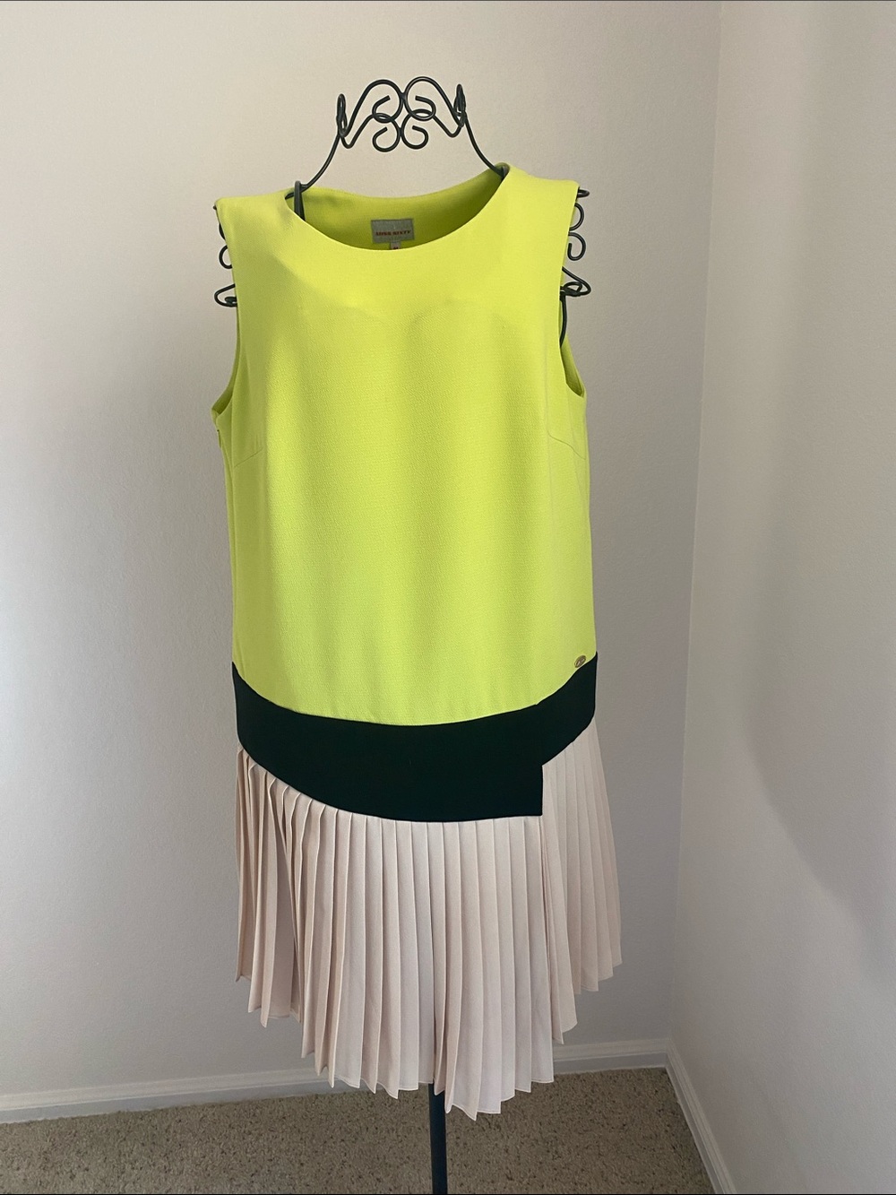 Miss Sixty Neon Yellow, Black & Cream Pleated Colorblock Dress